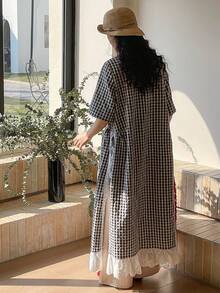 FRIFUL Women's Plaid Black & White Patchwork Sheer Lace Trim Pleated Loose Casual Dress - Black and White - View 2