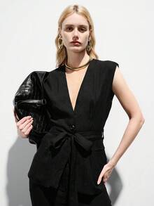 Aveloria Modichic Women's Solid V-Neck Knotted Waist Design Vest Top And Flare Pants Suit, Fashionable For Commuting And Outings Black Sleeveless Dress Low Cut Dress Tie Front Dress Black Dresses For Women Summer Black Silk Dress - Black - View 7