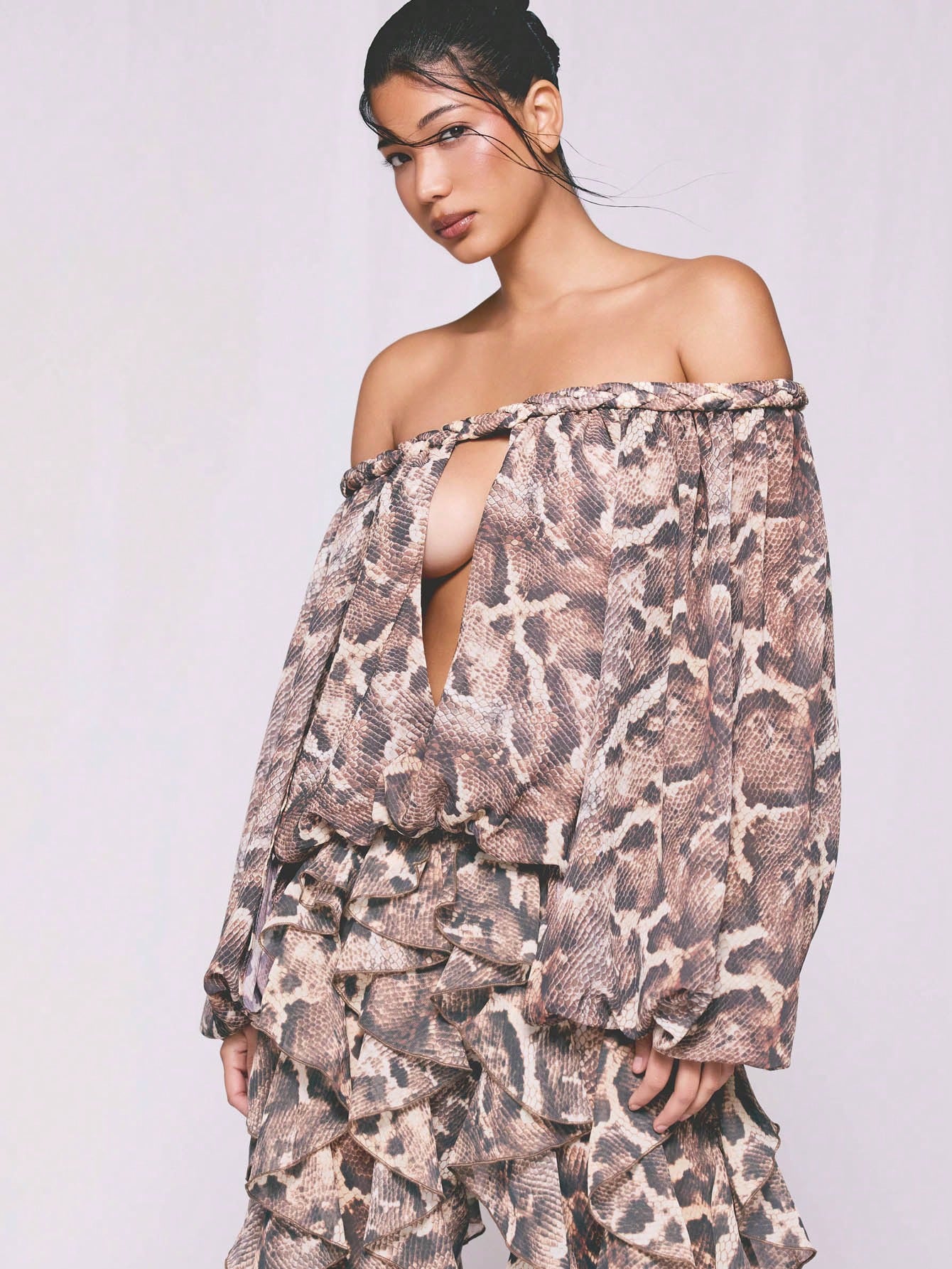 KIZN Snake Print Chiffon Off Shoulder Ruffle Blouse