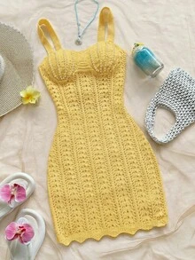 Soleia 女士度假针织纹理面料海洋贝壳迷你连衣裙，性感派对约会海滩度假夏季装扮，适合度假约会、下午茶、婚礼季、海滩游轮度假、城市自驾游度假、波西米亚风度假、音乐节等场合。 - 黃色 - 查看 6