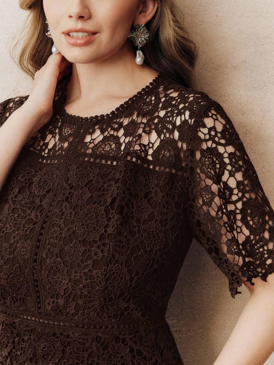 Plus Size Women's Elegant Lace Patchwork Dress, Graceful Short Sleeve Floral Splice Dress In Navy Blue Lace Dresses For Women Elegant