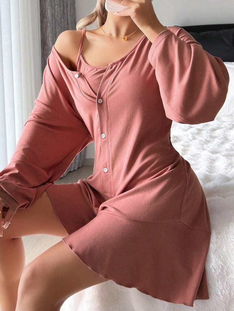 2pcs Minimalist Knit Camisole & Jumpsuit Pajama Set For Women