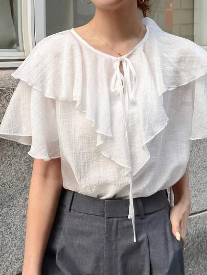 FRIFUL Women's Round Neck Drawstring Tie Collar Ruffle Hem Solid Color Short Sleeve Blouse, Summer