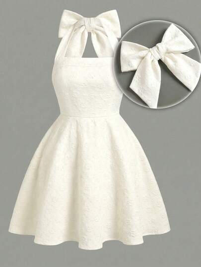 Girlism Tween Girls White Jacquard Halter Bow Elegant Dress