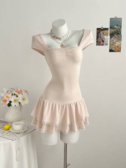 Elamini French Style Brown Short Sleeve Square Neck Fitted Cake Skirt Dress, Slimming Summer Outfit For Women