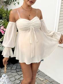 SHEIN 孕妇纯色褶皱扭结设计休闲百搭上衣 - 杏色 - 查看 1