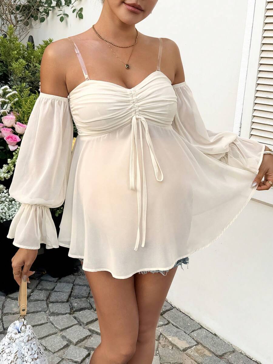 SHEIN 孕妇纯色褶皱扭结设计休闲百搭上衣 - 杏色 - 查看 1