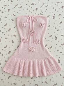 Elamini 性感无肩带3D立体花卉女士毛衣连衣裙 - 粉色 - 查看 1