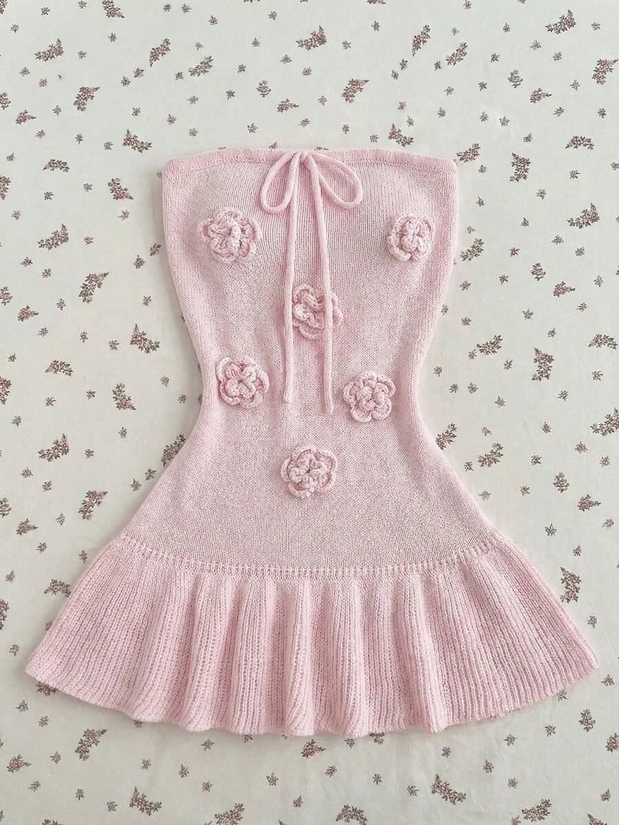 Elamini 性感无肩带3D立体花卉女士毛衣连衣裙 - 粉色 - 查看 1