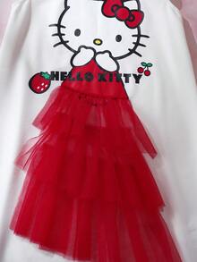 HELLO KITTY AND FRIENDS | SHEIN 少女休闲可爱卡通字母图案荷叶边袖口撞色网纱夏季连衣裙 - 彩色 - 查看 4