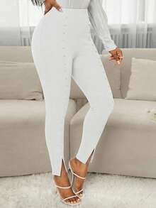 SHEIN Lady Quần legging nữ đính ngọc trai giả, kiểu dáng thường ngày, đa năng, thích hợp mặc hàng ngày. - trắng - Xem 4