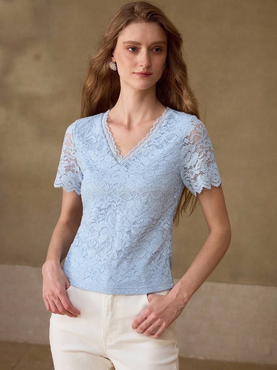 WOMEN'S LACE V-NECK SHORT SLEEVE FITTED T-SHIRT, SUMMER