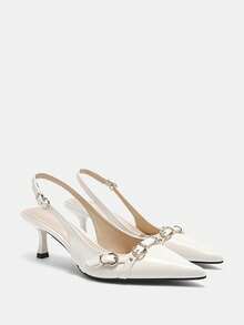 歐美風格女士尖頭細高跟鞋，配窄帶，蘑菇釘裝飾，帶扣及朋克元素，適合搭配搖滾音樂及其他節慶活動 - 白色 - 查看 9