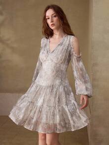 MOTF PREMIUM WOMEN'S TIE-DYE FLORAL EMBROIDERY V-NECK COLD SHOULDER LANTERN SLEEVE SHORT DRESS - Grey - View 1