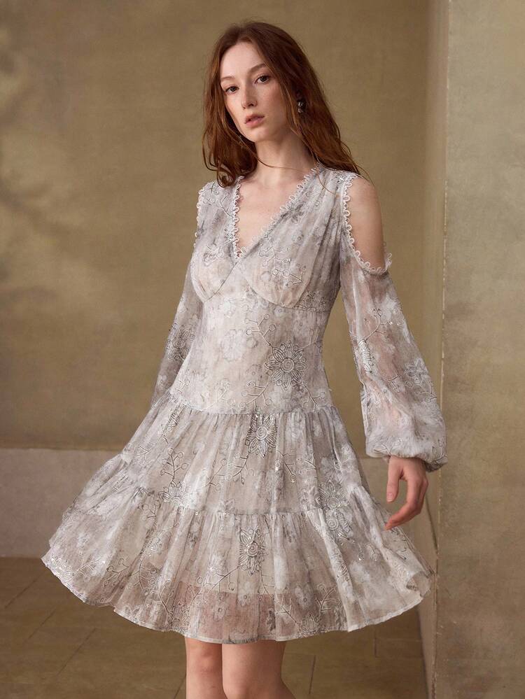 WOMEN'S TIE-DYE FLORAL EMBROIDERY V-NECK COLD SHOULDER LANTERN SLEEVE SHORT DRESS