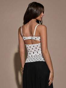 SHEIN BAE Polka Dot Print Sheer Lace Patchwork Camisole - White - View 2