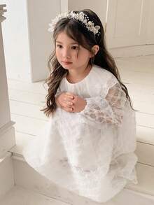 DAZY Young Girls Lace Ruffle Collar Long Sleeve Dress, Fall Outfit - White - View 7