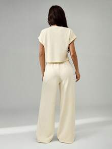 SHEIN PETITE Apricot T-Shirt And Pants Women's Loungewear Set, Suitable For Spring And Summer - Apricot - View 2