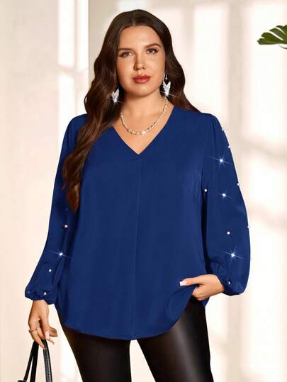 Miaspire Plus Size Women Pearl Decor V-Neck Blouse/Summer/Spring/Vacation