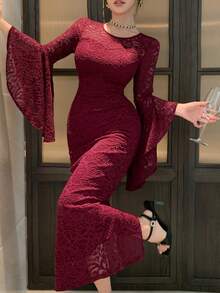 DAZY Vintage Lace Handmade Dress, Gentle Elegant Mermaid Long Sleeve Bodycon Dress Sun Dresses For Women - Red - View 4