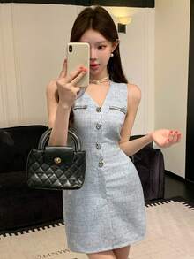 DAZY 女士V领金属纽扣无袖迷你连衣裙 夏季 - 藍色 - 查看 6