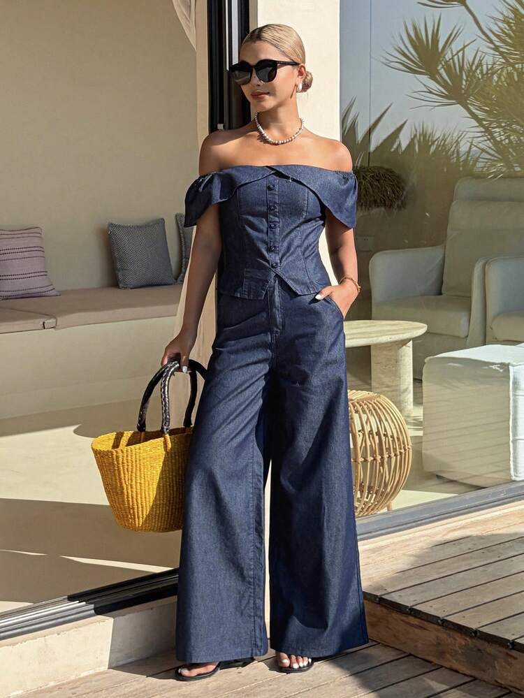 Women's Off Shoulder Denim Shirt And Loose Straight-Leg Jeans Casual Denim Set