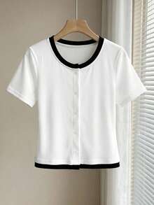 EMERY ROSE Women's Contrast Color Round Neck Short Sleeve Single-Breasted Casual T-Shirt,White And Black Summer Top For School,Back-To-School - White - View 3