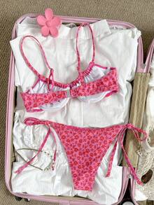 SHEIN Swim Mod Summer Floral Print Bikini Swimsuit Set,Bow Tie Swimsuit Two-Piece Set,Women's Beachwear - Pink - View 3