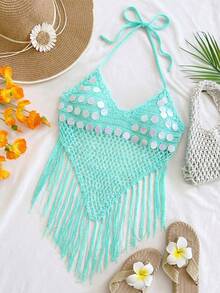 Soleia Top de punto sin espalda con cuello halter, dobladillo con flecos y decoración de lentejuelas para vacaciones en la playa - Azul menta - Ver 4