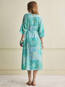 Écloséra Women's Lake Blue V-Neck Pelesse Print Midi Dress – Waist-Cinching Summer Style | Elegant Spring-Summer Outfit For Office, Beach & Holiday Wear‌ - Green - View 2