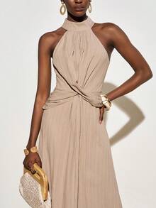 Zivah Women's Solid Color Halter Neck Ruched Vintage Style Long Dress, Suitable For Dates, Parties Resort Dresses Vacation Dresses For Dinner Neutral Dresses For Women Wrap Around Dresses For Ladies Yacht Dress Wrap Dress Wedding Guest Wow Dress - Khaki - View 9