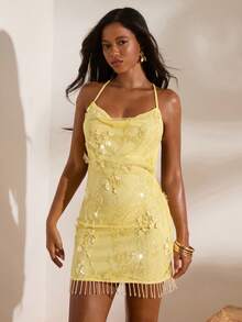 Opulessa 女士花卉装饰露背性感吊带迷你连衣裙 - 黃色 - 查看 4