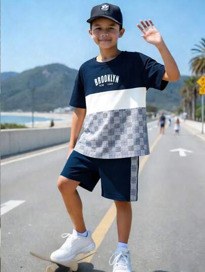 大童舒适休闲拼接字母圆领短袖T恤短裤套装，适合夏季、学校、校园、通勤、户外活动