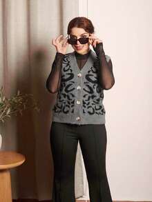 Lupita Cardoza 女式单排扣 V 领豹纹针织背心，秋冬休闲款 - 彩色 - 查看 6