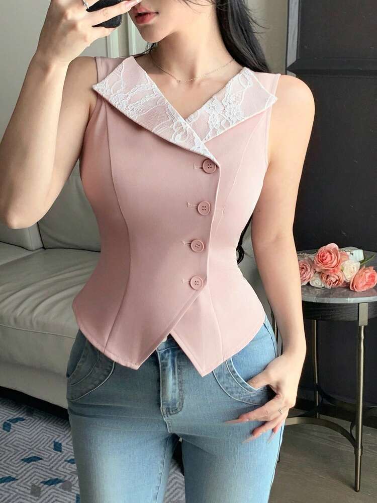 Spring & Summer Pink Hollow Lace Trim Contrast Color Splice Dress, Elegant For Valentine's Day, Wedding, Party, Fashion Event, Sleeveless Vest Cardigan Shirt With Oblique Placket Design For Women