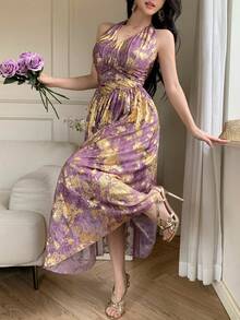 DAZY 女士优雅印花露背吊带收腰中长连衣裙，夏季 - 紫色 - 查看 3