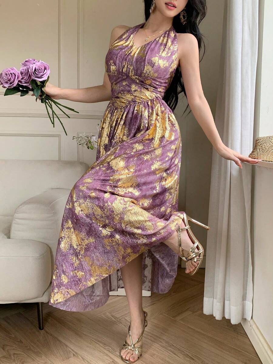 DAZY Đầm nữ thanh lịch in hoa, cổ yếm, hở lưng, thắt eo, dài đến đầu gối, thích hợp cho mùa hè. - Màu tím - Xem 1