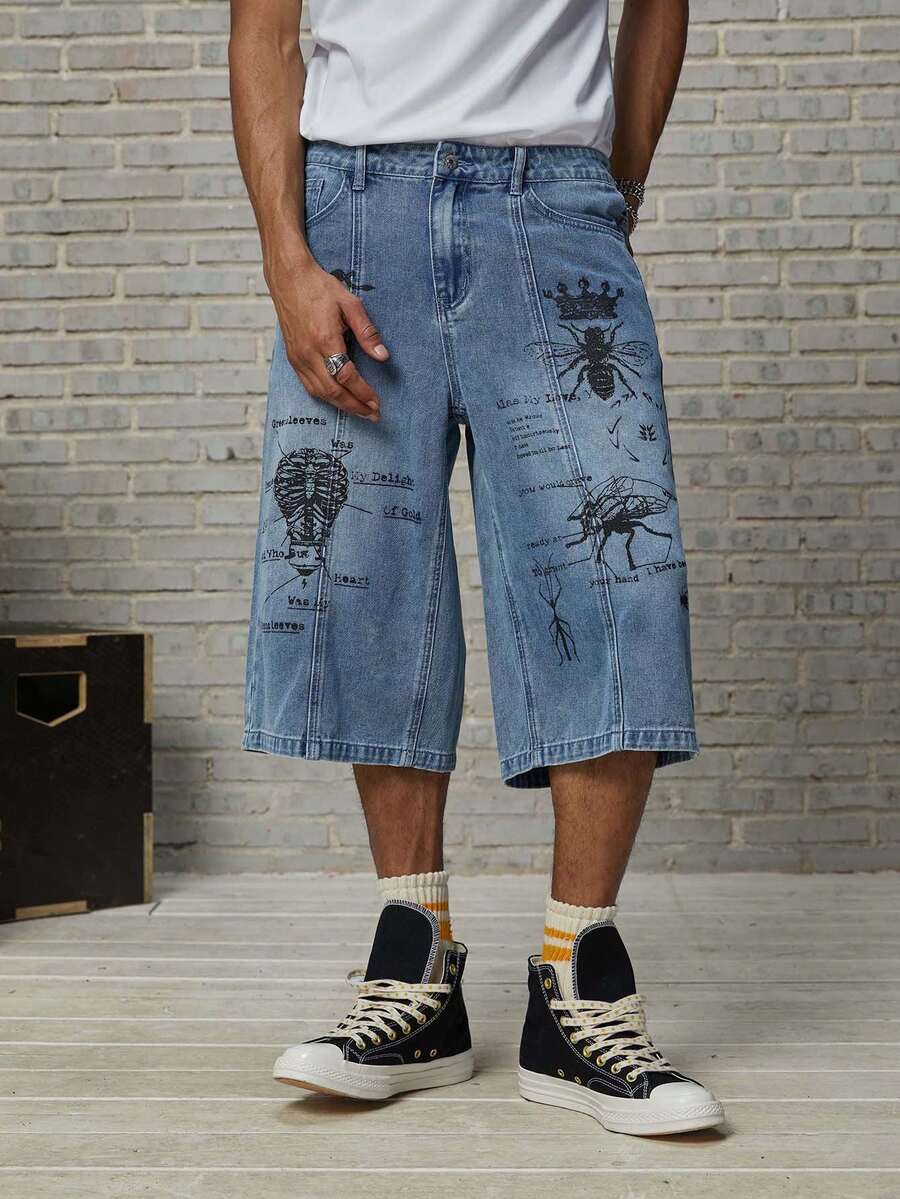GALLERY FADE Men's Casual Washed Insect Print Denim Bermuda Shorts - Blue - View 1