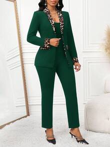 SHEIN Lady Women's Leopard Print Patchwork Blazer And Pants Suit In Fall/Winter - Dark Green - View 9