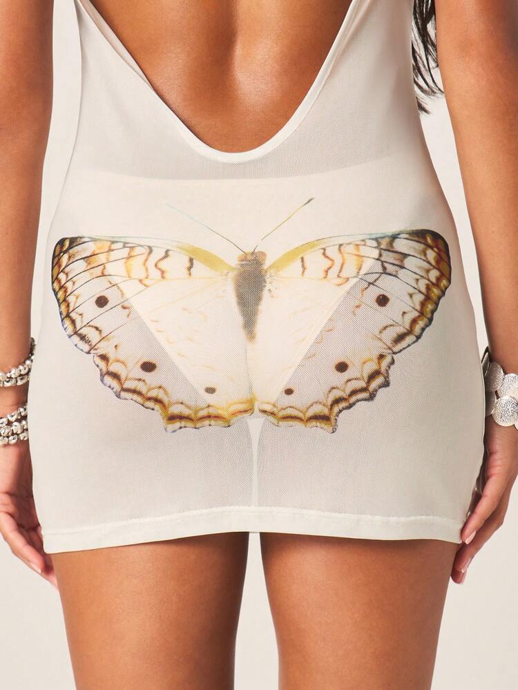 MISSGUIDED Beach Women's Sheer Mesh Cover Up Dress With Butterfly Print And Deep Open Back
