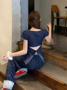 DAZY Women's Korean Style Ruffle Trim Denim Effect Shirt And Elongated Pants 2 Pieces Set - Blue - View 8