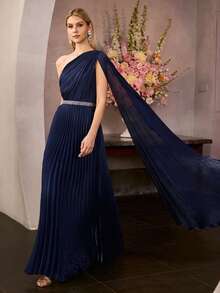 MOTF PREMIUM ELEGANT DEEP BLUE EXTRA LONG SLEEVE ASYMMETRIC NECKLINE MAXI PARTY GOWN FOR WOMEN | WAIST RHINESTONE EMBELLISHMENTS, PLEATED FABRIC, BODYCON FIT FOR NEW YEAR, VALENTINE'S DAY, FORMAL PARTIES, GALAS & CELEBRATIONS - Navy Blue - View 5