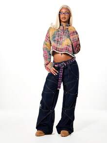 SUMWON WOMEN Women's Oversized Acid Wash Check Rhinestone Cropped Boxy Denim Jacket Fall Winter Button Up Distressed Raw Hem Vintage Style Trucker Jacket - Red - View 3