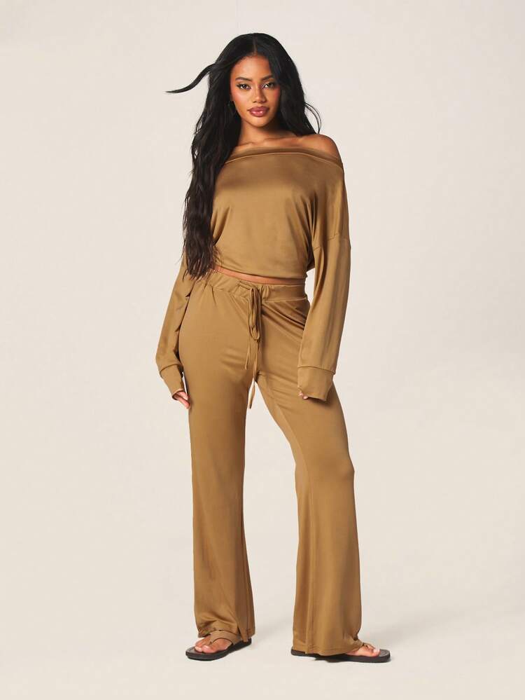 MISSGUIDED Women Off Shoulder Long Sleeve Top With Wide Leg Drawstring Pants Casual Lounge Two Piece Coordinating Set Fall Winter Comfort