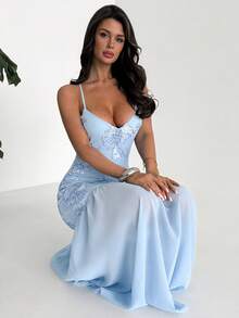 Firerie Đầm maxi nữ màu xanh nhạt mới, cổ chữ V sâu, lưng chéo, thêu hoa, chất liệu chiffon, thanh lịch, thích hợp đi làm, hẹn hò, dự tiệc, lễ hội âm nhạc, đám cưới, lễ tốt nghiệp, dạ hội. - Màu xanh nhạt - Xem 11