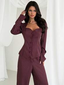 Firerie 女士优雅简约时尚通勤都市新款复古甜心领条纹腰部衬衫上衣和高腰阔腿裤两件套，酒红色 - 酒紅色 - 查看 5