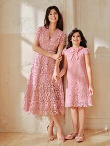 Anewsta Girls' Pink Butterfly Lace Short Sleeve Summer Dress, Spring/Summer - Baby Pink - View 4