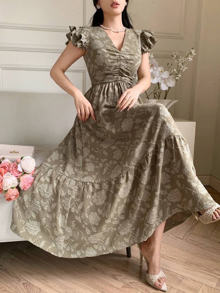 Women's Floral Jacquard V-Neck Cap Sleeve Elegant Dress Sundress Summer