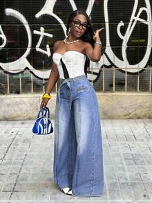 Slaydiva 女士毛边阔腿宽松休闲百搭牛仔裤 - 藍色 - 查看 6