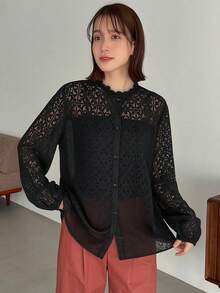 FRIFUL Women's Solid Color Sheer Lace Textured Fabric Collar Splice Lace Trim Long Sleeve Loose Casual Versatile Blouse, Spring/Summer - Black - View 2